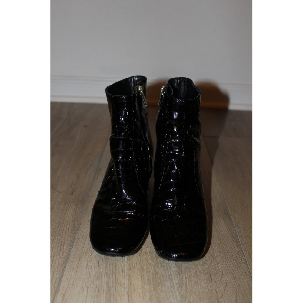 Karen Millen Black‎ Croc Patent Leather Square Toe Block Heel Ankle Boots 37